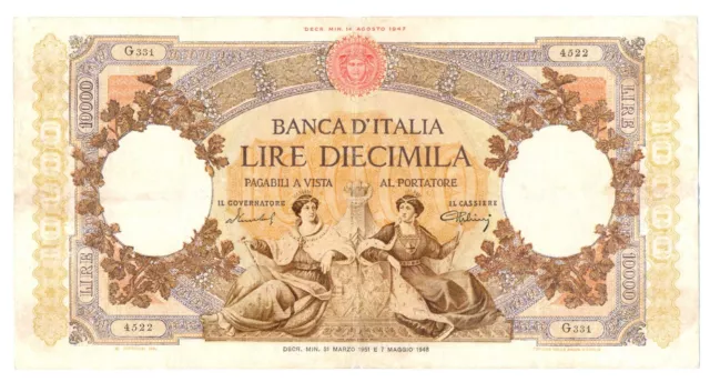 Italy Republic Bank of Italy Large Format 10000 Lira 31.3. 1951 F Pick #89b RARE