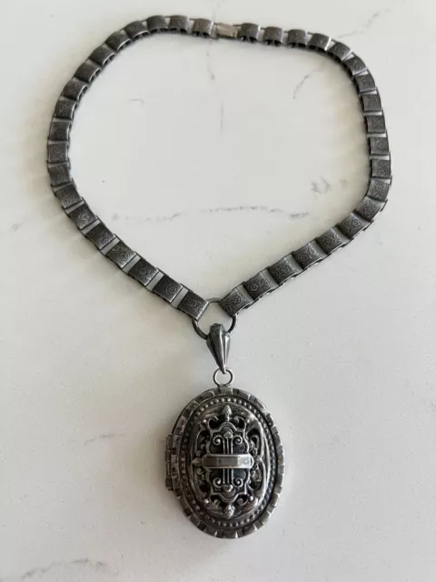 Victorian Revival Silver Tone Book Chain Locket Necklace Vintage Reproduction Victorian Revival Silver Tone Book Chain Locket Necklace Vintage Reproduction