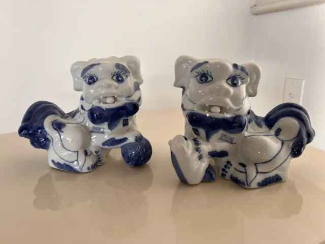 Large 8" tall Blue White Porcelain Foo Dog Pair - Chinese Temple Lions - Vintage