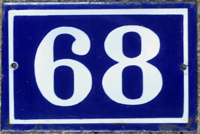 Old blue French house number 68 door gate plate plaque enamel steel metal sign