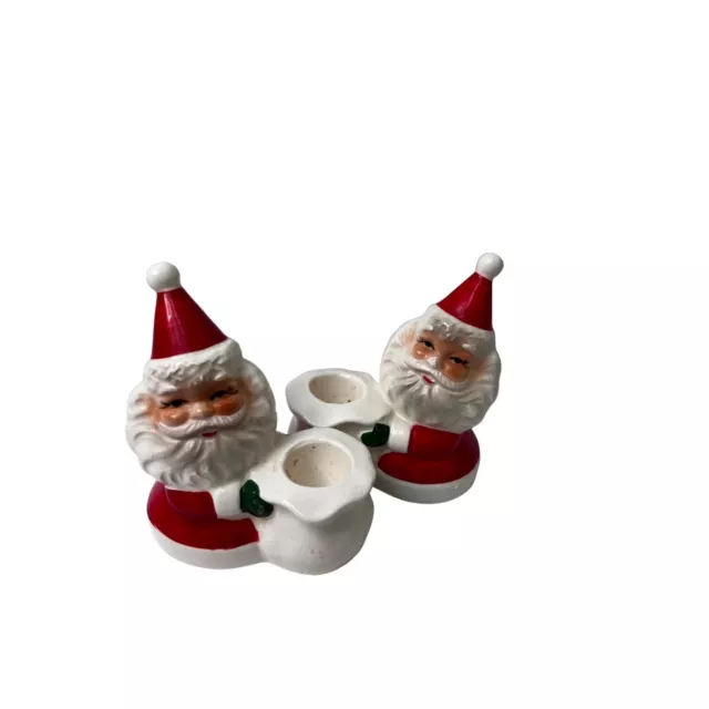 Vintage Pair Earthen Christmas Santa Ceramic Candle Holder (Circa 1950's Japan)