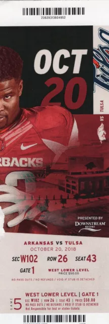 Arkansas Razorbacks Football Ticket Stub Tulsa Hurricane Game 2018 Dre Greenlaw