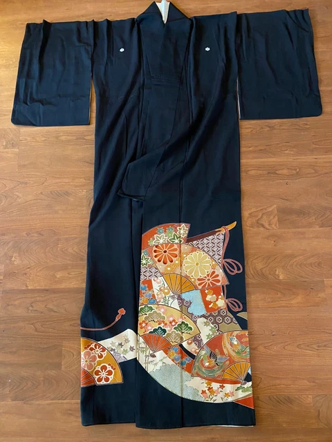 Black good quality silk Authentic Kimono  Japanese A3 GoldxRed fan