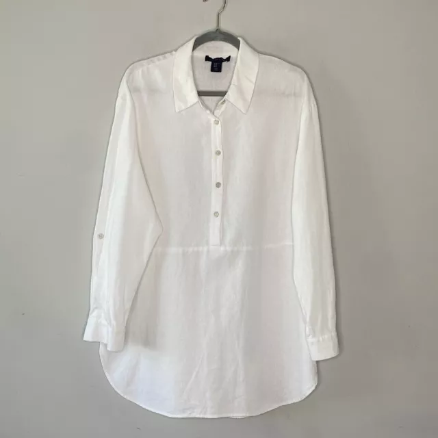 Tahari Women's Blouse Linen Tunic Button-Front White Long Sleeve Size XL