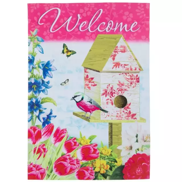 Welcome Garden Flag Bird House with flowers  12" x 18" Indoor /Outdoor