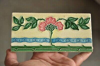 4 Pc Vintage Majolica Floral Vine Embossed M.S Mark Colorful Ceramic Tiles,Japan 3