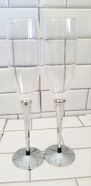 Par de Anillo de Cristales Weddinstar Flauta Tallo de Metal Plata Tostadas con Champagne