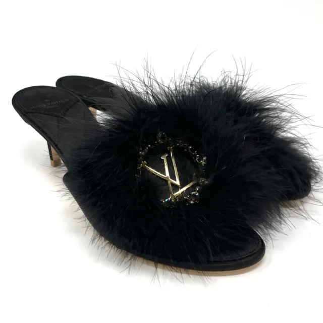 LOUIS VUITTON BIG LV Logo Fur Sandals Heels #39 US8 Bijou Black Satin  RankAB $312.00 - PicClick