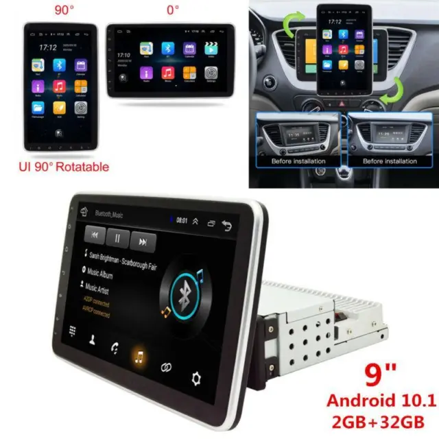 9" Rotatable Touch Screen 1Din Android 10.1 Car Stereo Radio WiFi GPS Navigation