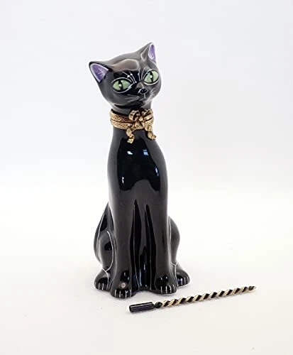 New French Limoges Trinket Box Amazing Black Cat with Halloween Magic Wand 4 3/8
