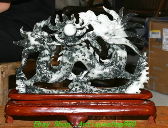 13.3''Chinese Natural Dushan Jade Carved Dragon Loong Beast Statue Sculpture