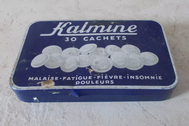 Antique drugs tin box France KALMINE lozenges headdache vintage old blue #2