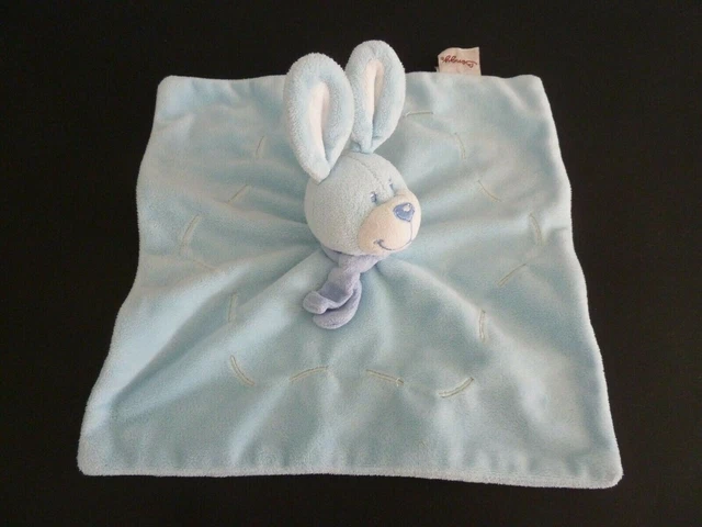 M9 - Doudou Plat Carre Bengy Lapin Bleu Blanc Foulard Etat Neuf*