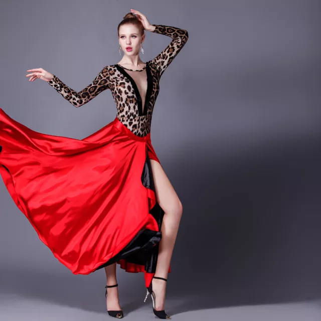 Womens Latin Dance Dress Paso Doble Cloak Performance Costume Red Long Skirts N 2