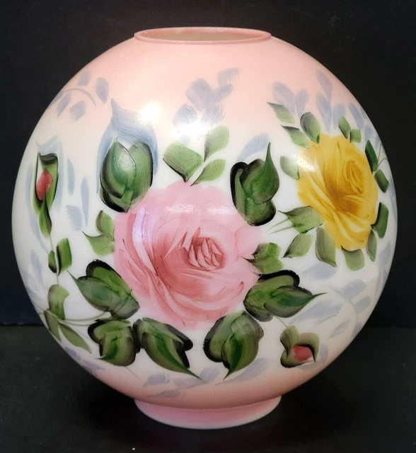Antique Painted ROSES Glass Ball 10" Shade GWTW Parlor Oil Lamp Flower 4" fitter