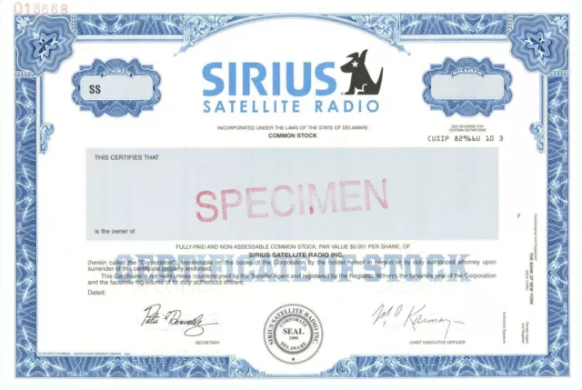 Sirius Satellite Radio - Specimen Stock Certificate - Specimen Stocks & Bonds