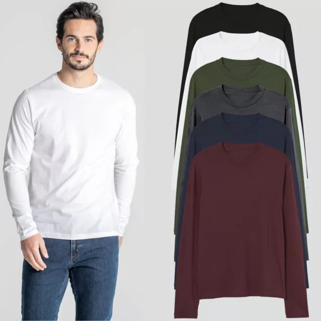 New Mens Long Sleeve T-Shirt Slim Fit 100% Cotton Plain Crew Round Neck Tee Tops