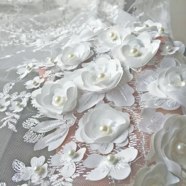 Beaded Embroidery Lace Fabric Off-White 3D Flower Lace Tulle for Wedding Dress 2
