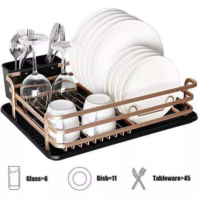 Aluminum Dish Drying Rack with Cutlery Holder and Removable Drainer Tray