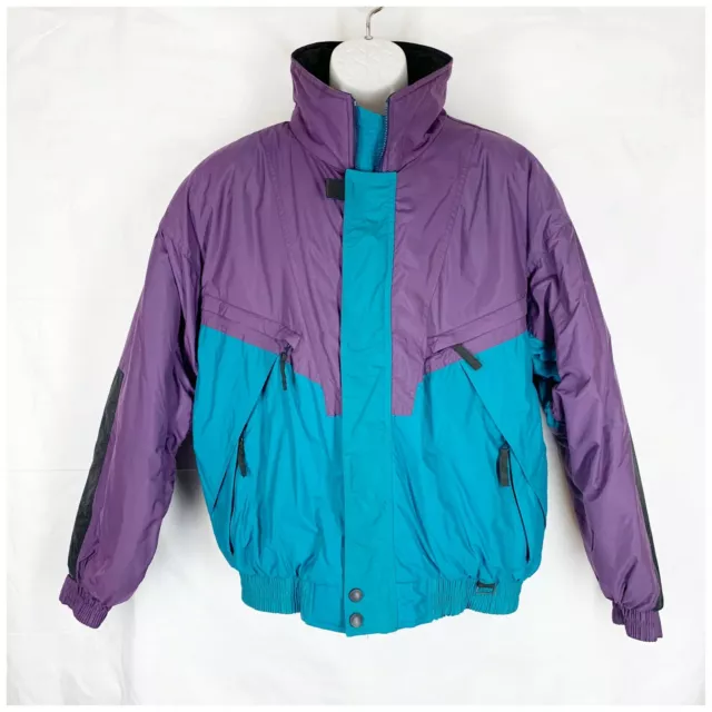 OBERMEYER Ski Jacket Mens L Vintage Bomber Colorblock Purple Teal Blue Winter