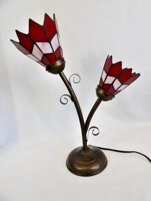 Stained Glass Tulip Shades Touch Lamp - Two Red and White Tulip Shades