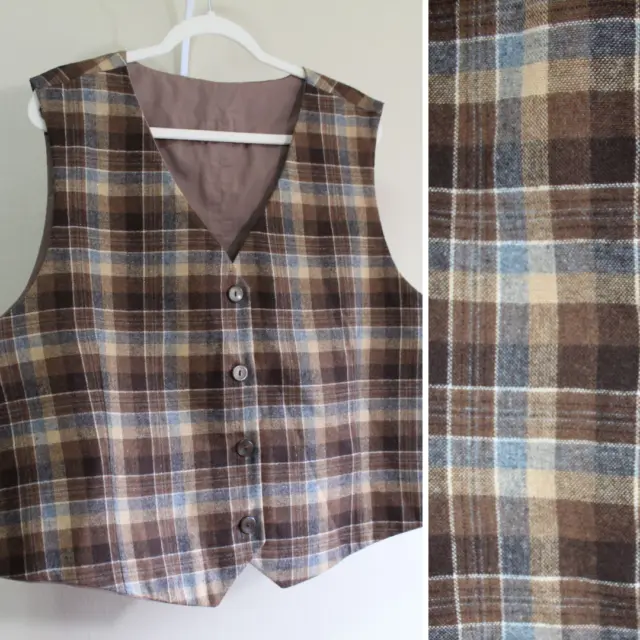 Mens XL Vintage Hand Made Pendleton Wool Brown Plaid Button Up Vest Waistcoat