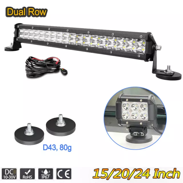 2-Row Slim 15'' 20'' 24'' LED Spot Light Bar D43 Magnetic Base Mounting  Bracket