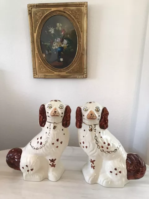 Set of 2 Large Mantle Dogs Ceramic White Gold Brown Hand Painted Figurines