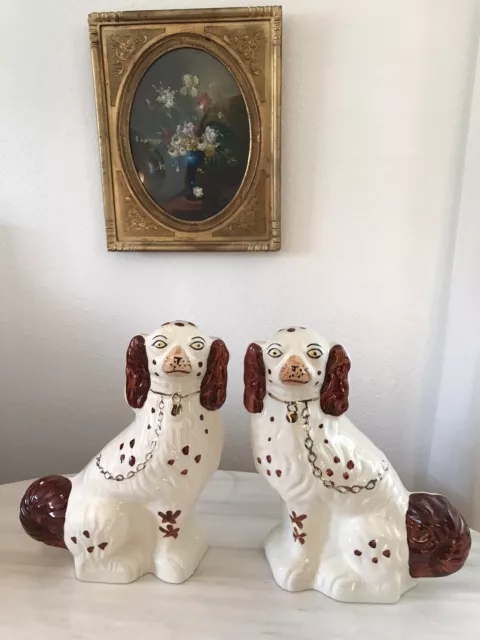 Vintage Mantle Dogs Large Ceramic White Gold Brown Hand Painted Figurines
