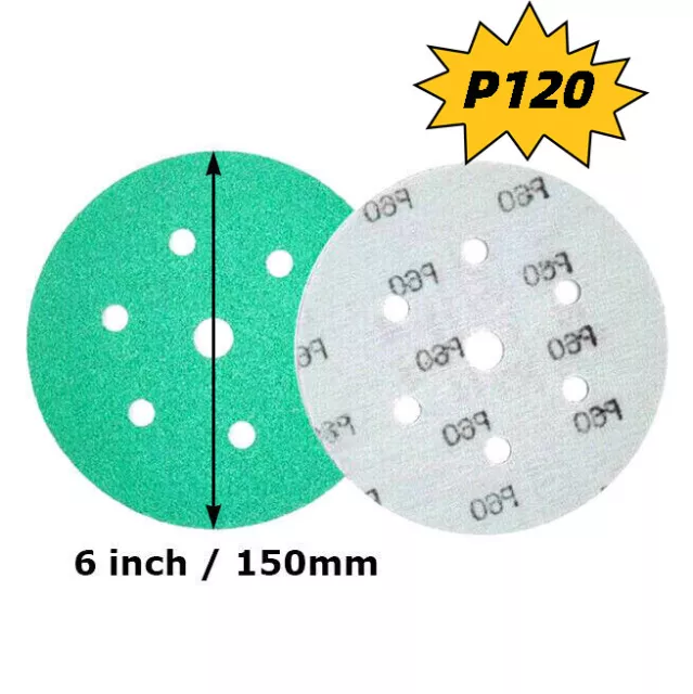 50PCS P120 150mm Hook & Loop Sanding Discs 6+1 Hole Wet Dry Film Green Sandpaper