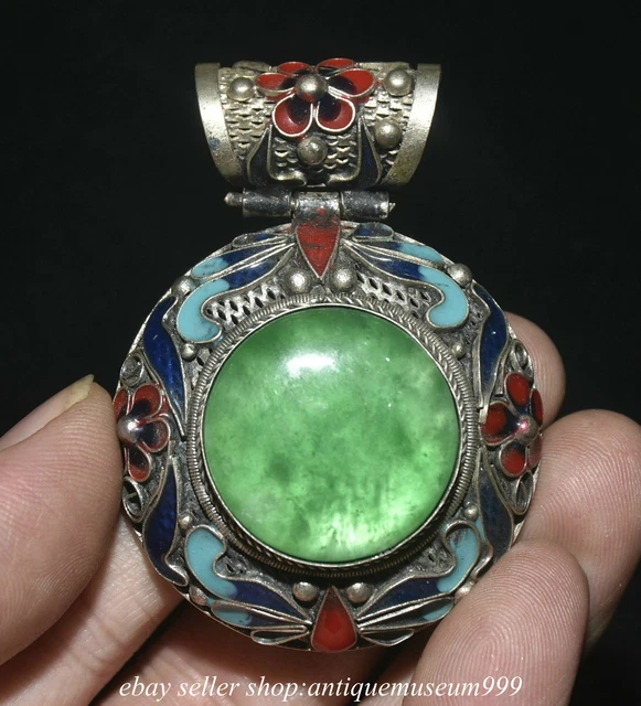 2.4" Old China Silver Inlay Green Jade Dynasty Palace Flowers Pendant "Gua Jian"