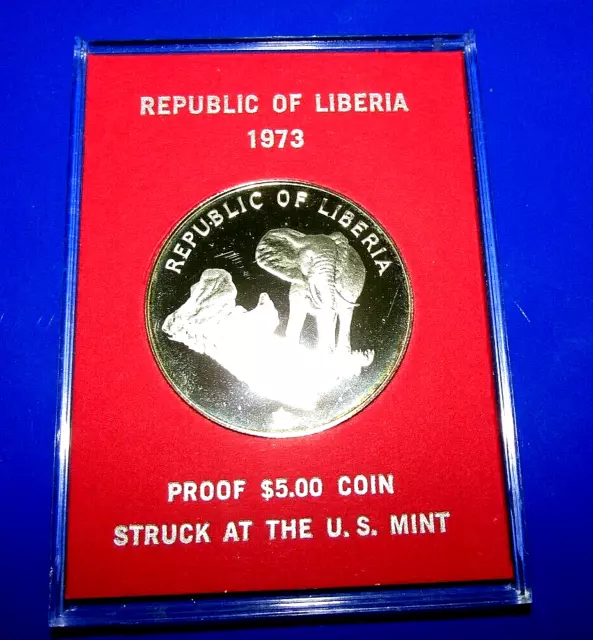 Republic Of Liberia 1973 Proof Silver 5 Dollar Coin Elephant Attractive