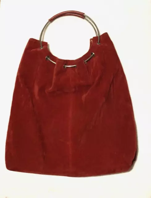 VTG BOHO CHIC Dark Red Suede Satchel Tote Bucket Handbag w/ Large Metal Handles