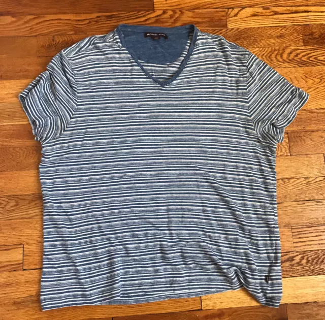 Michael Kors Men's 100% linen Size 2XL Tee Shirt V Neck Striped Blue Summer