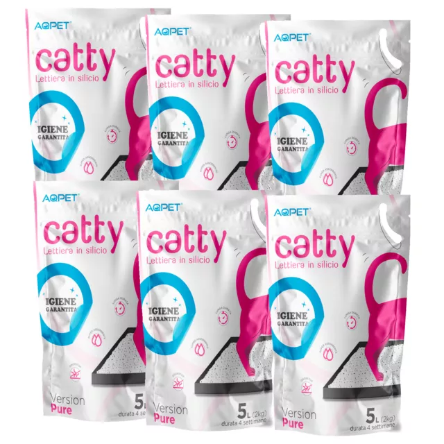 6 CONFEZIONI DI LETTIERA SILICIO SILICE GATTI da 5 LITRI -2 KG 30 LT CATTY PURE