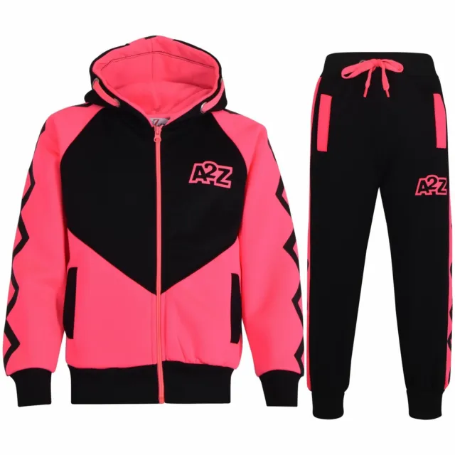 Kids Girls Tracksuit Neon Pink Contrast Panel Hooded Top Bottom Joggingsuit 5-13
