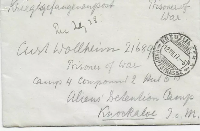 PoW, Kgf: Brief 1917 aus Kreuzlingen nach Isle of Man, Knockaloe Internment Camp