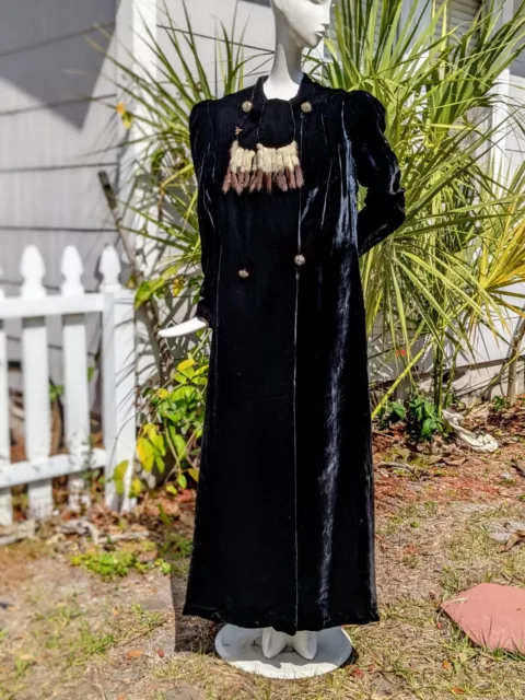 Antique 1930’S Long Black Silk Velvet Opera Coat W Ermine Trimmed Collar