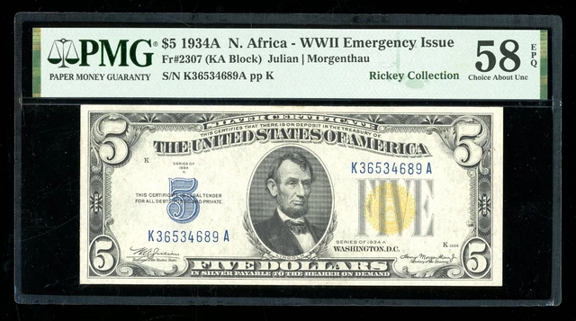DBR 1934-A $5 Silver North Africa Fr. 2307 PMG 58 EPQ Serial K36534689A