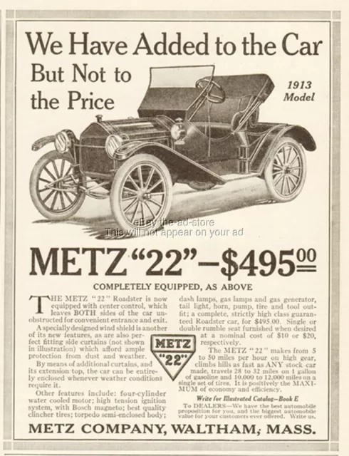 1913 Metz 22 Roadster Waltham Massachusetts Antique Open Car 1912 Print Ad