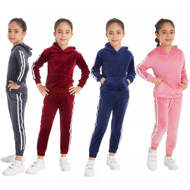 Kid Girls Boys Velour Sweatshirt Outfit Hooded Top with Sweatpants Tracksuit Set