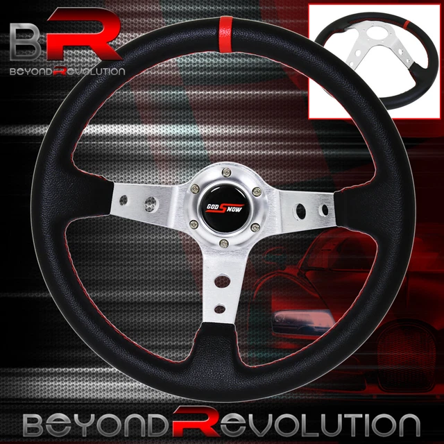 Godsnow Horn Red Stitching Deep Dish Black Steering Wheel Silver Aluminum Center