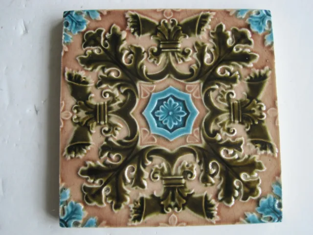 Antique 6" Victorian Moulded And Majolica Glazed Aesthetic Tile
