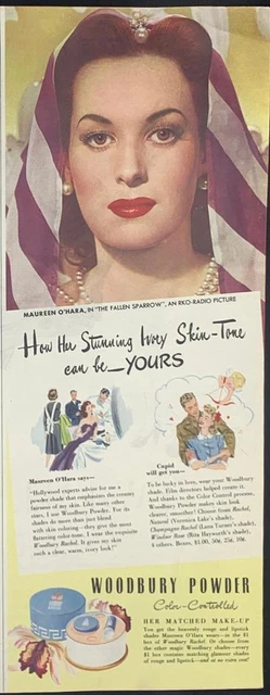 Magazine Ad* - 1943 - Woodbury Powder - World War 2 - Maureen O'Hara