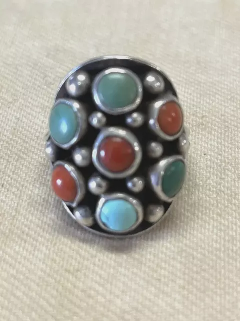 Native American Navajo Domed Silver Turquoise Coral Ring