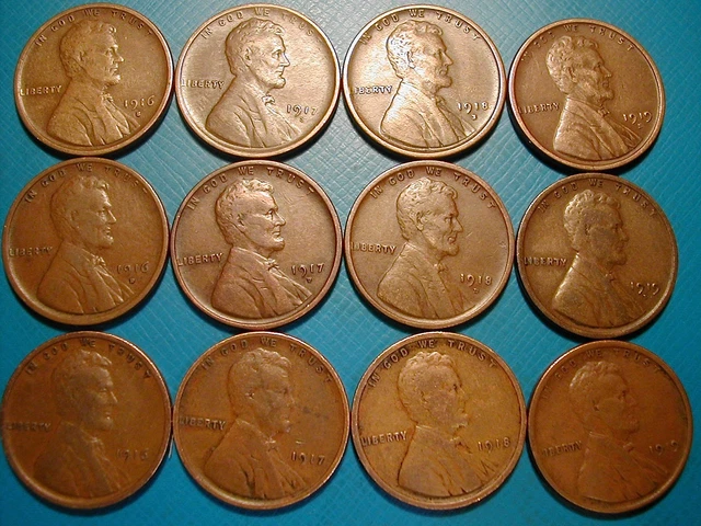 1916-Pds---1919-Pds Lincoln Wheat Cent Penny Lot, 12 Coins,  All Fine!!