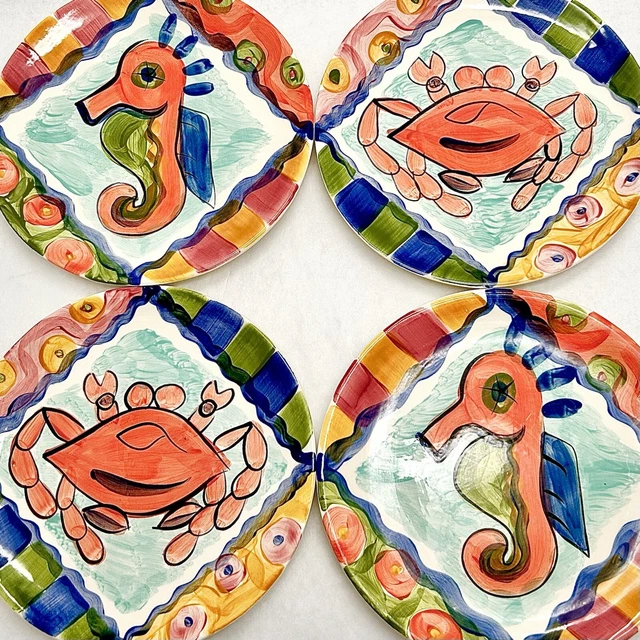 Set of 4 Vicki Carroll Pottery Colorful Summer Small Plates 8" Sea Theme Vintage