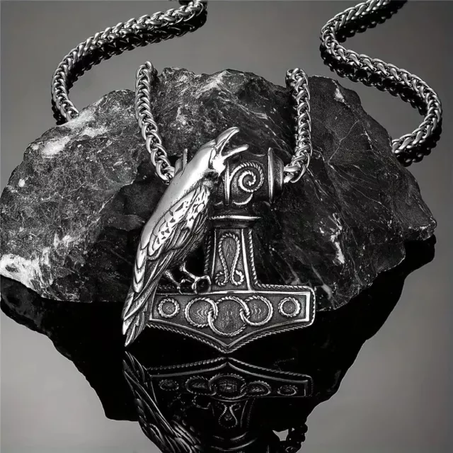 Anhänger Thor Hammer Edelstahl Rabe Vikings mit Halskette 