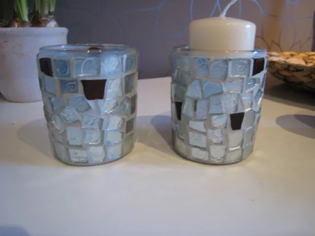Modernes Windlicht Teelichthalter Kerzenhalter Glas Mosaik grau silber Neu