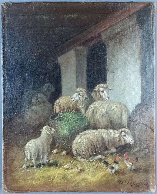 Ancien Tableau "Moutons à la Grange" Peinture Huile Toile Oil Painting Old Sheep